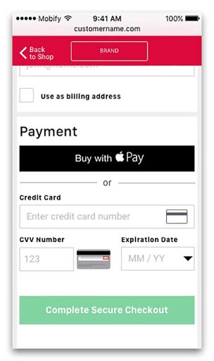 Checkout page on a mobile device asking for credit card credentials or ApplePay.