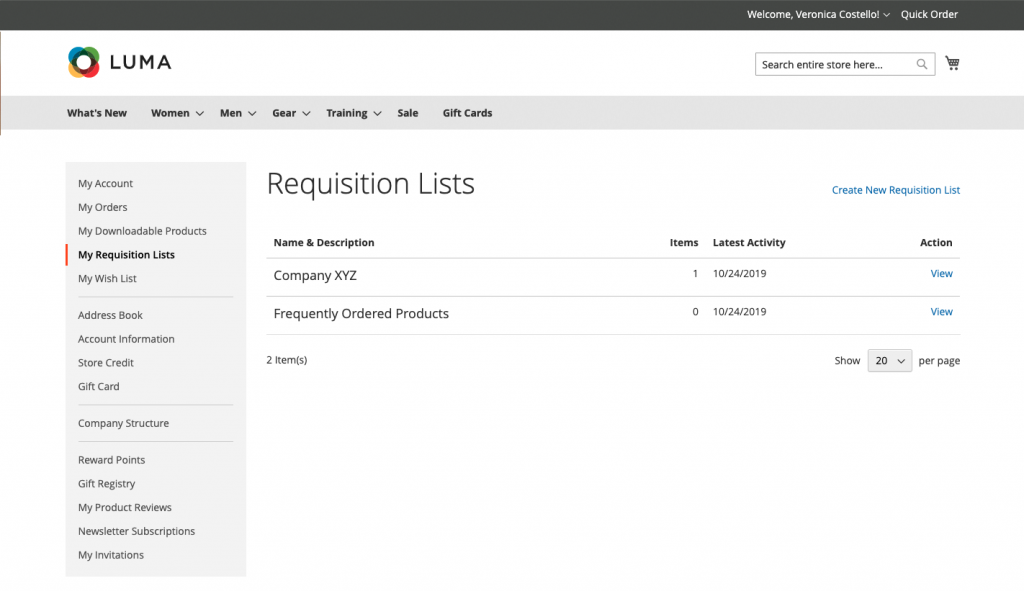 Customer view of Requisition Lists function. 