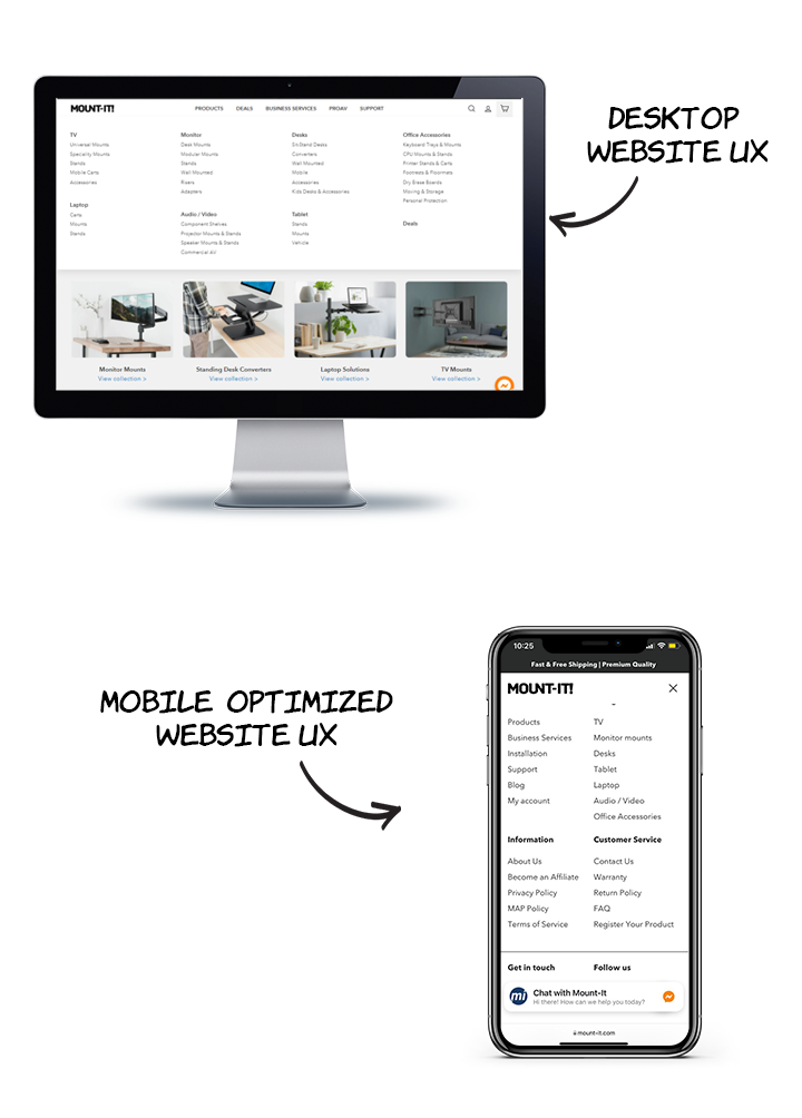 Website navigation on desktop vs on mobile on Mount-It! ecommerce website.
